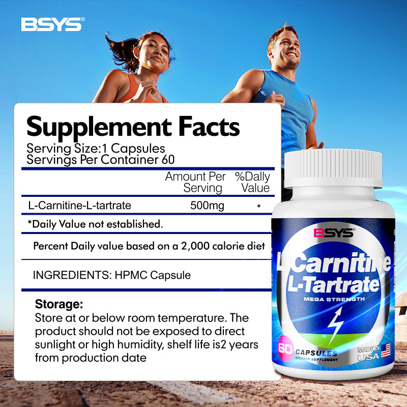 BSYS L-Carnitine L-Tartrate bottle with blue label, 60 capsules, mega strength on Tampa Home & Garden Store
