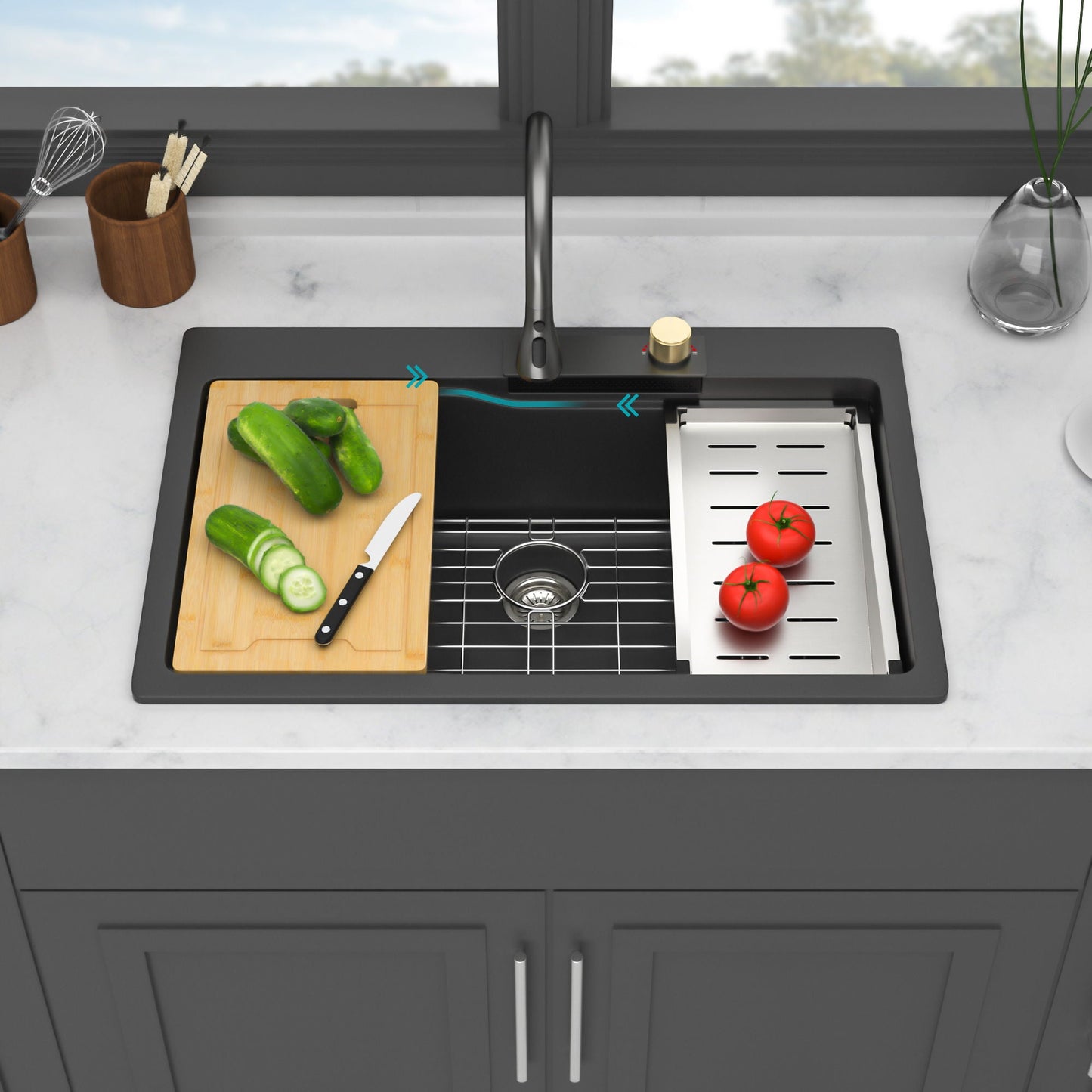 Brushed Waterfall Sink with Faucet and Cup Washer