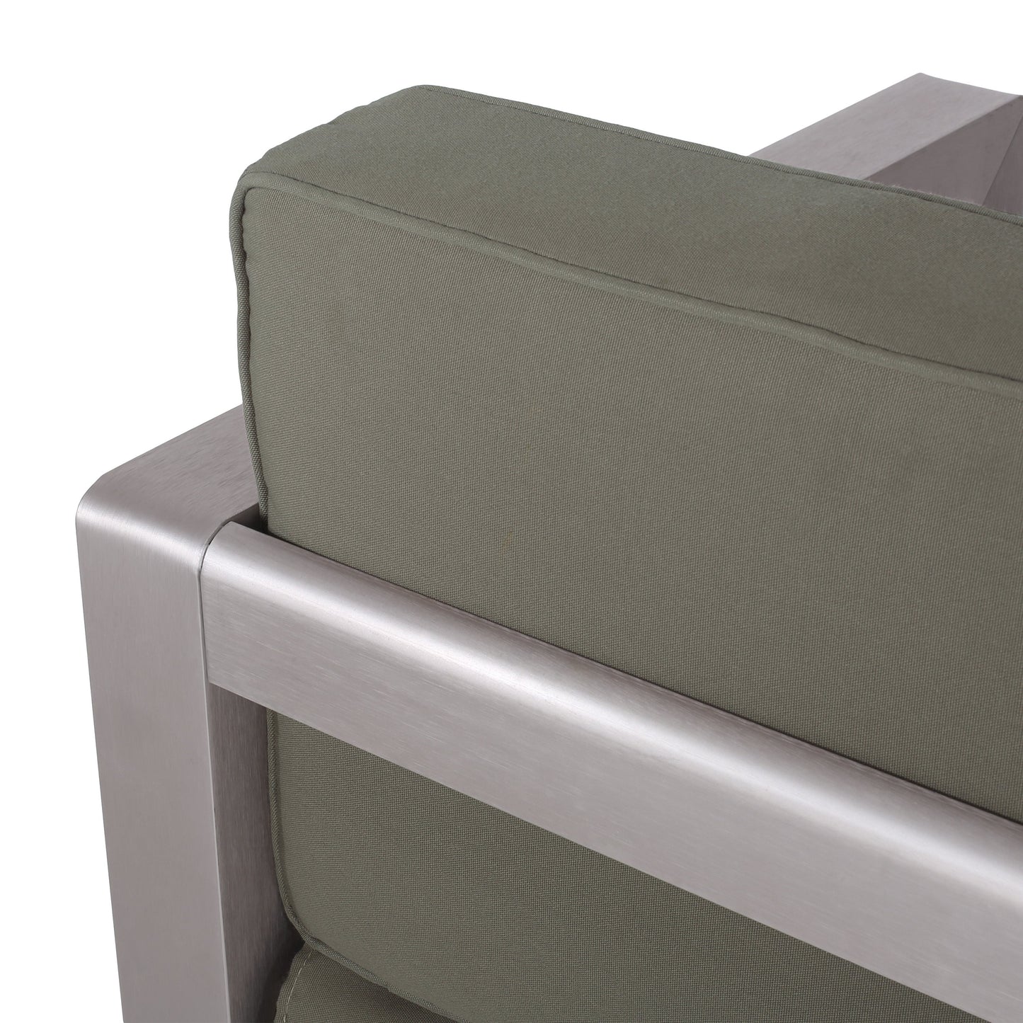Outdoor aluminum loveseat with olive green deep cushions and a brushed low-profile frame on Tampa Home & Garden Store