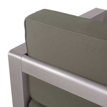 Outdoor aluminum loveseat with olive green deep cushions and a brushed low-profile frame on Tampa Home & Garden Store