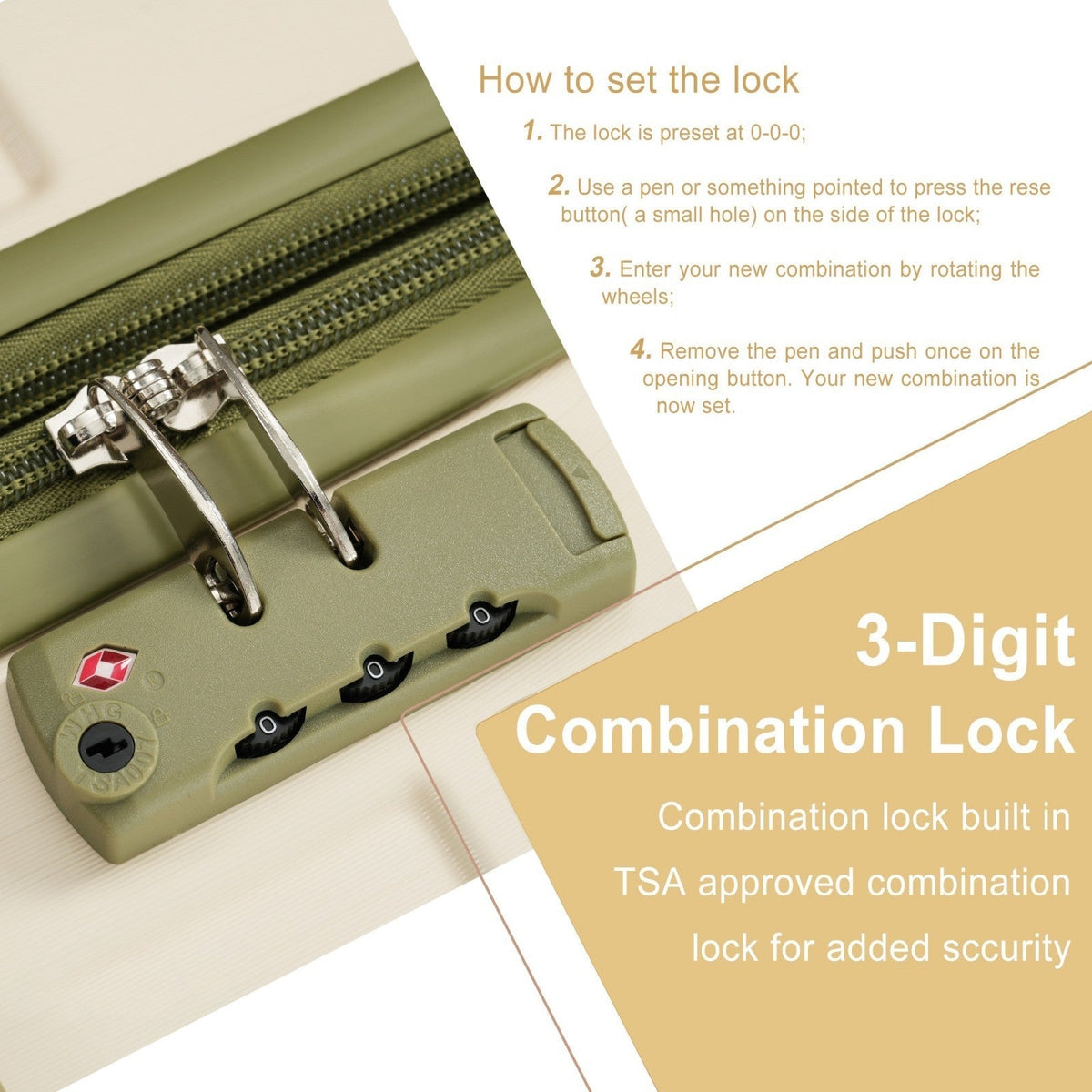 GigaTech 3-Piece expandable hard shell luggage set with TSA lock, close-up of green lock on Tampa Home & Garden Store