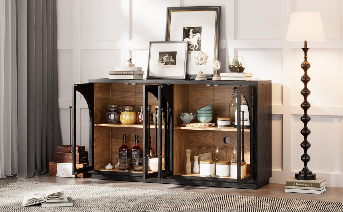 Black 4-Door large storage sideboard buffet with glass arched cabinet doors on Tampa Home & Garden Store
