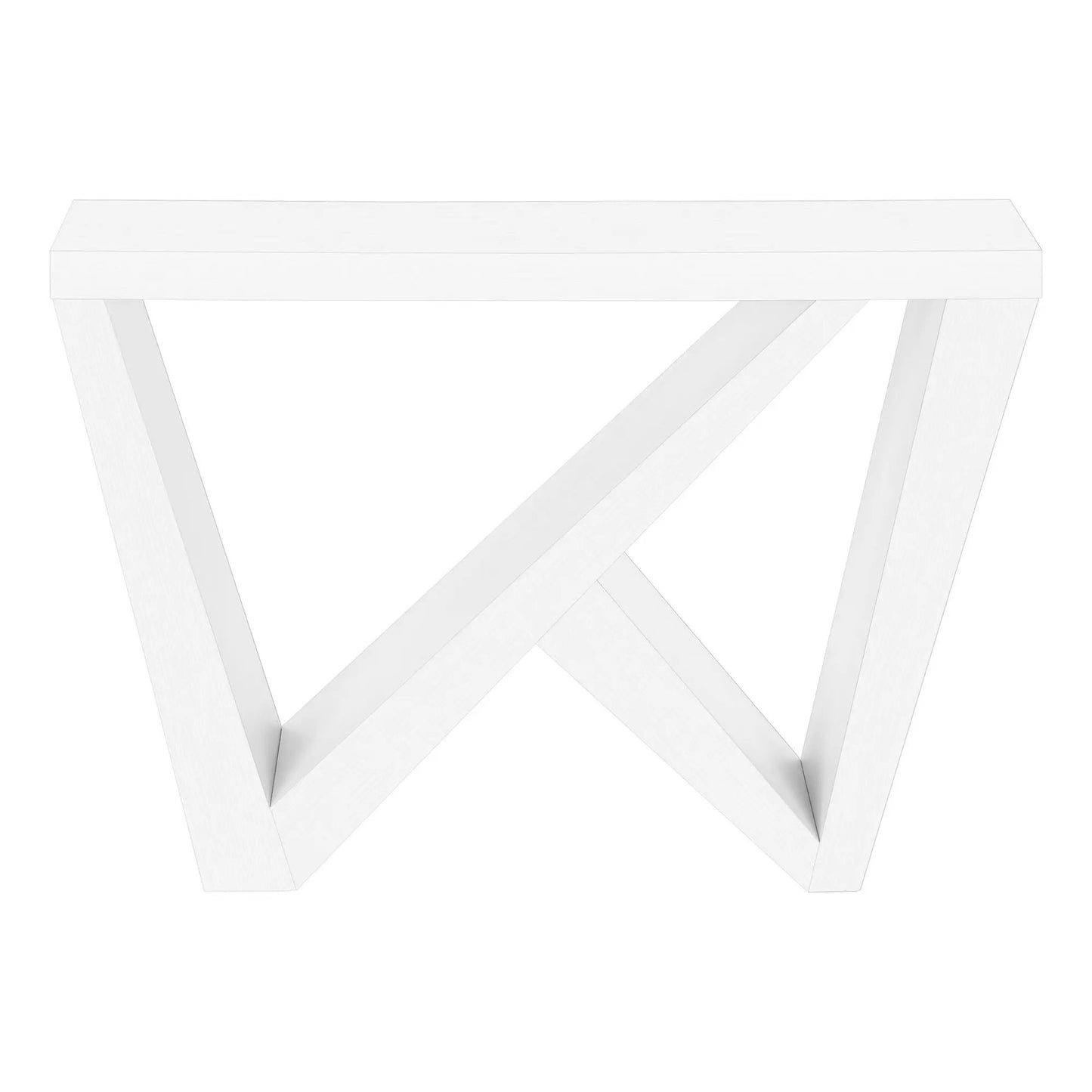 Accent console table with crisscross legs, white wood grain finish, durable construction on Tampa Home & Garden Store