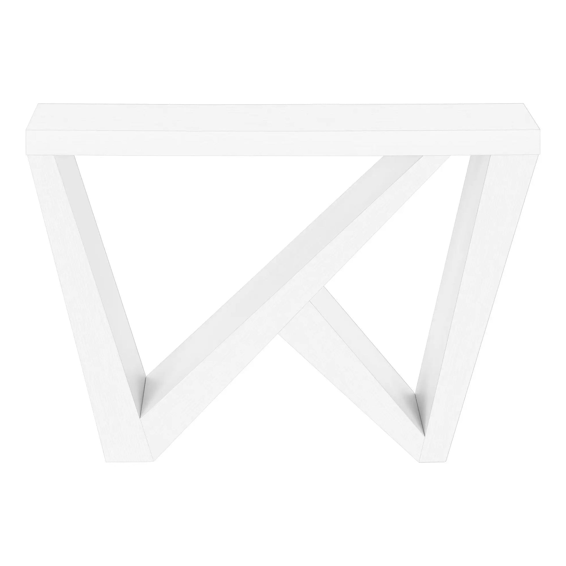 Accent console table with crisscross legs, white wood grain finish, durable construction on Tampa Home & Garden Store