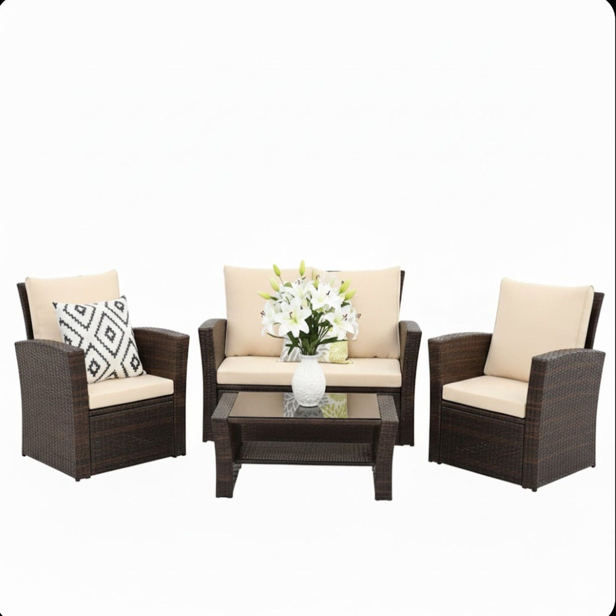 Modern 4-piece wicker patio set with beige cushions, loveseat and two chairs on Tampa Home & Garden Store