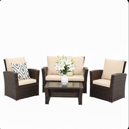 Modern 4-piece wicker patio set with beige cushions, loveseat and two chairs on Tampa Home & Garden Store
