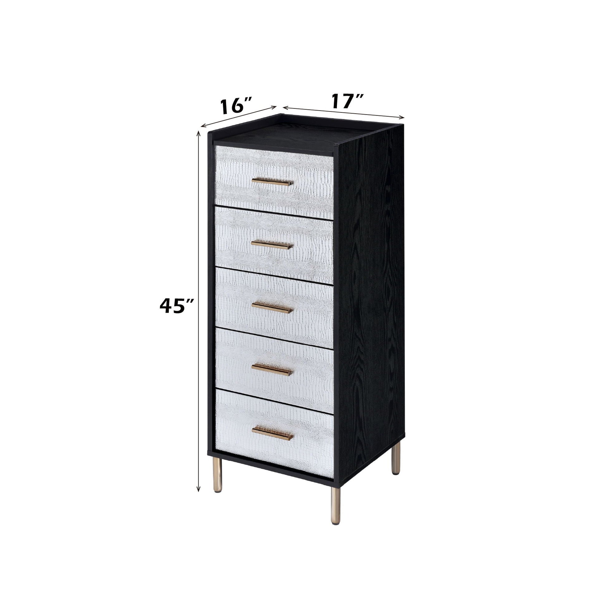 Myles Jewelry Armoire black wood with silver textured fronts and gold handles and legs, 45in tall on Tampa Home & Garden Store