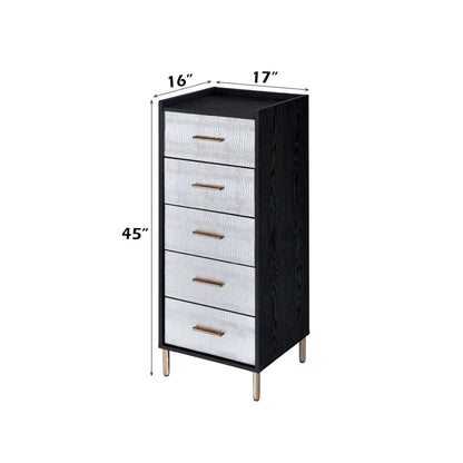 Myles Jewelry Armoire black wood with silver textured fronts and gold handles and legs, 45in tall on Tampa Home & Garden Store