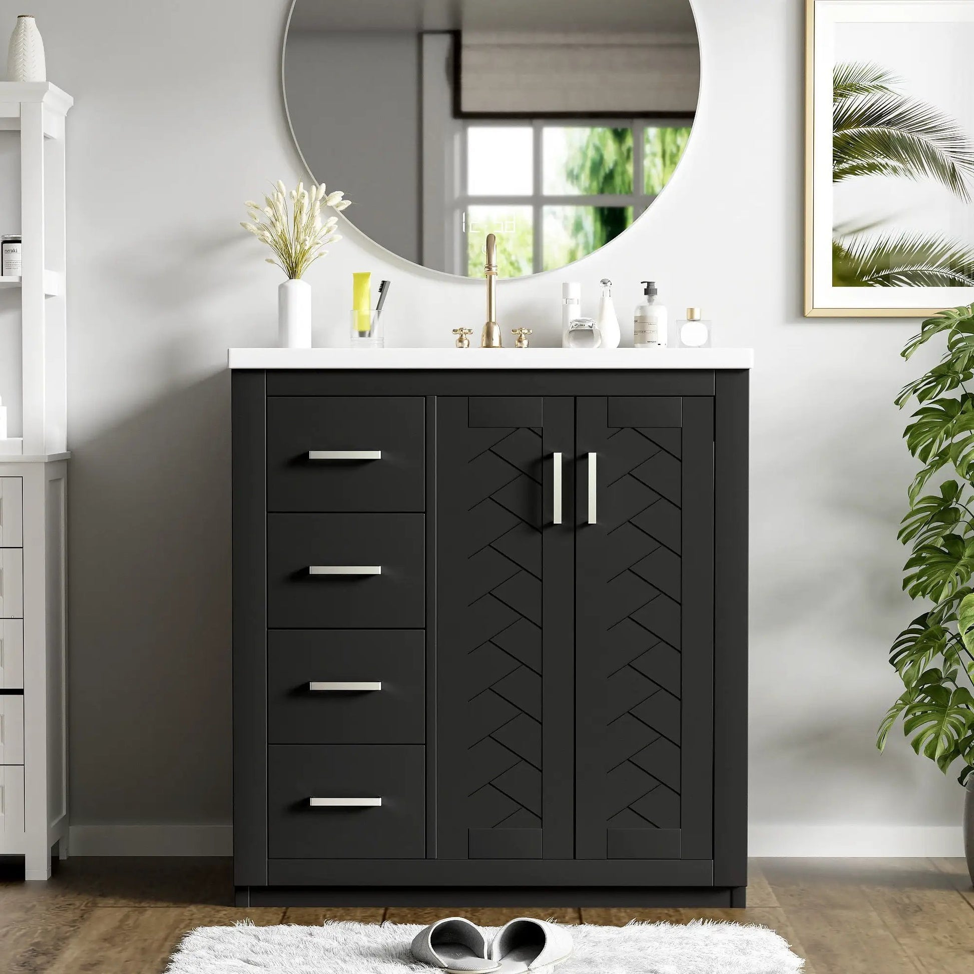Ceramic Sink Combo Vanity, black freestanding cabinet with white countertop and 3 drawers on Tampa Home & Garden Store