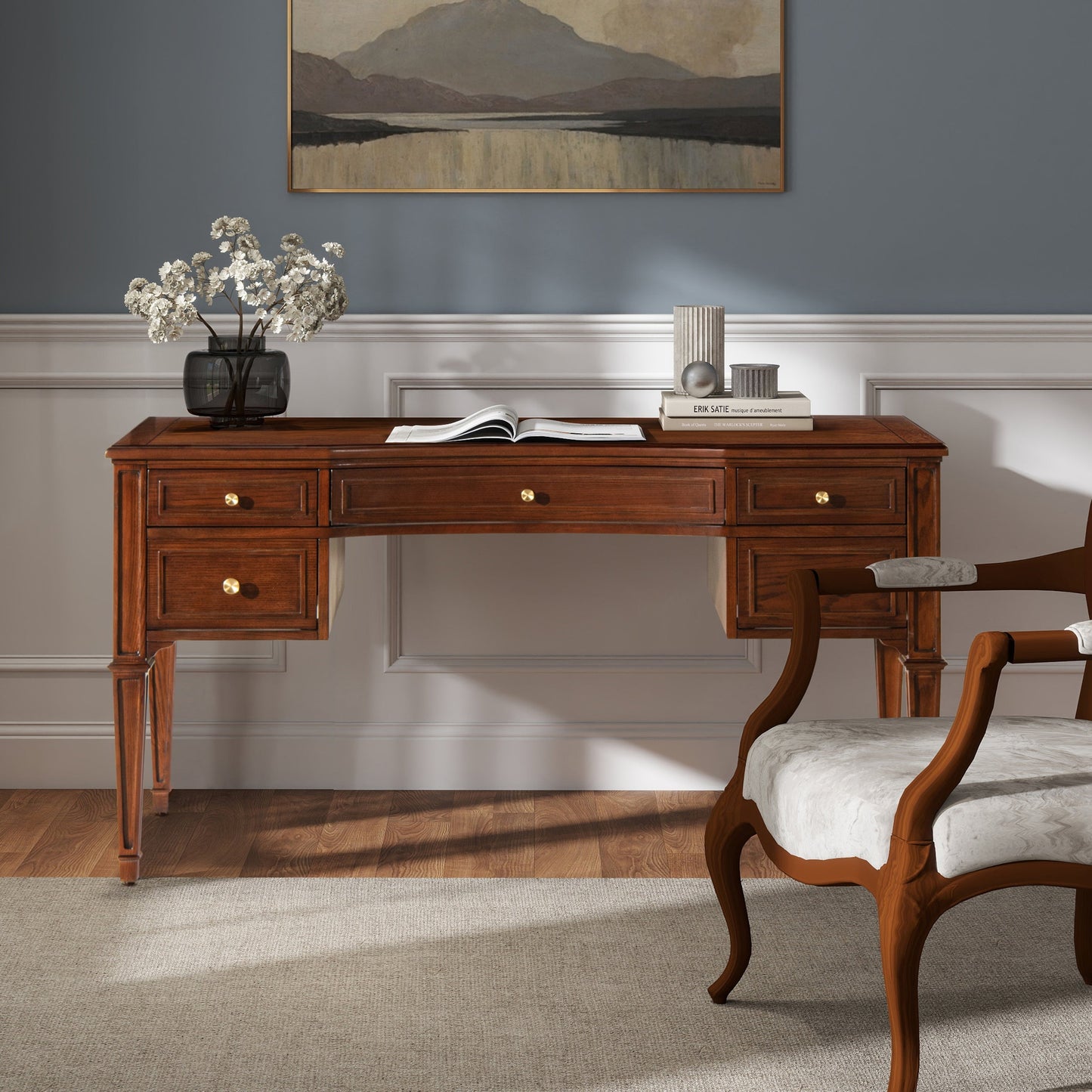 Dauphin Gold Accent 5-Drawer Desk in dark walnut ash veneer with brass knobs HouseOfZazla on Tampa Home & Garden Store
