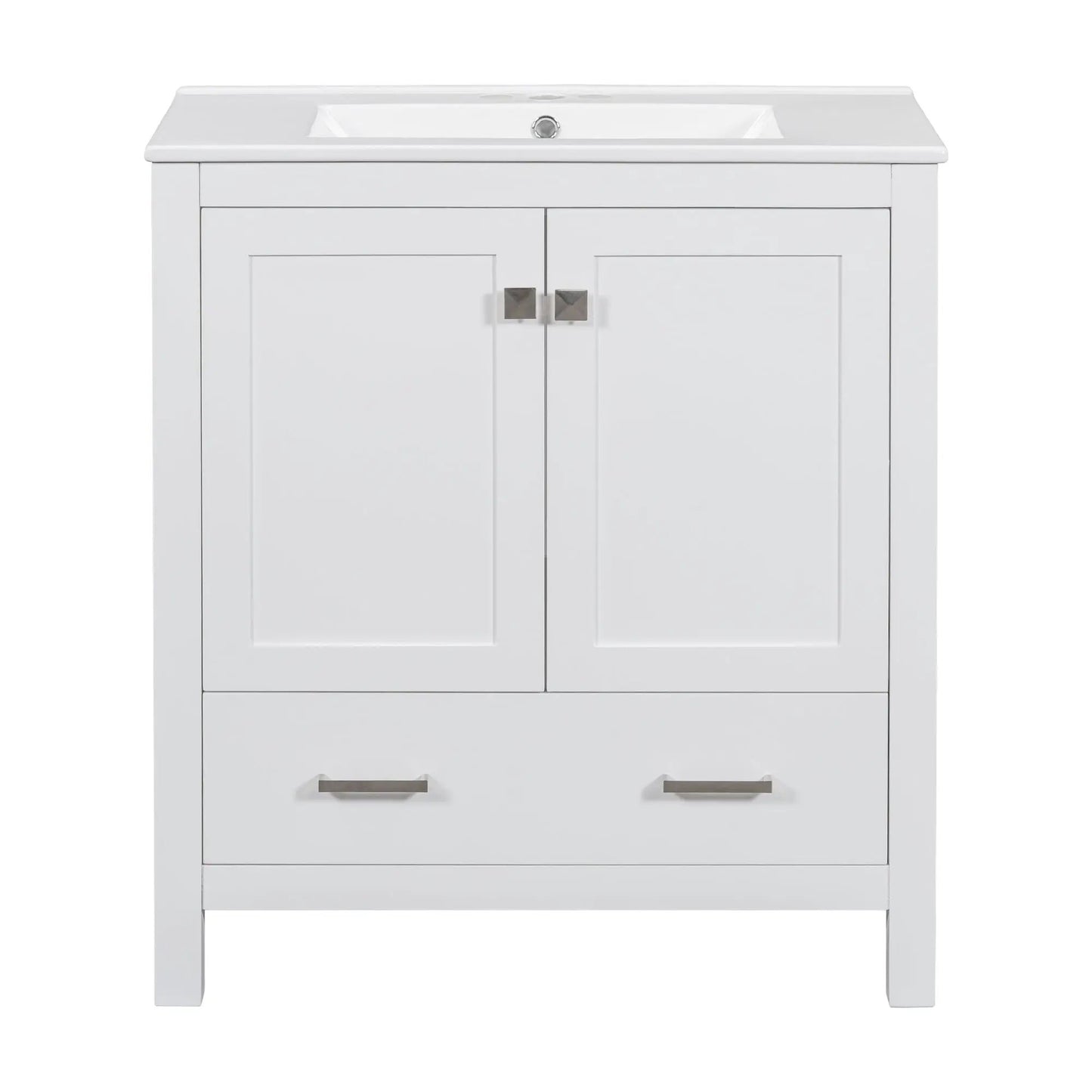 White bathroom vanity with undermount sink, two doors and a drawer, solid wood frame on Tampa Home & Garden Store