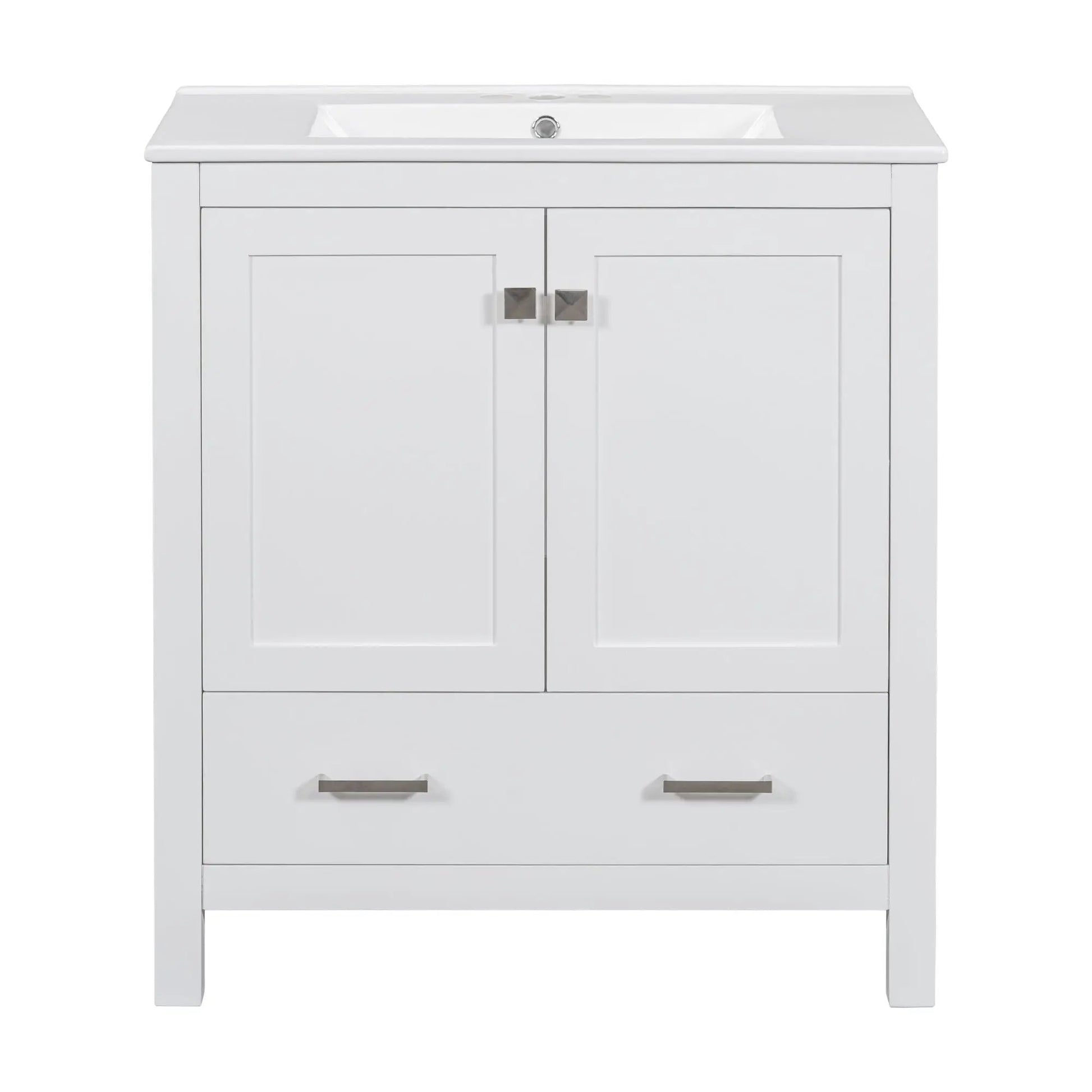 White bathroom vanity with undermount sink, two doors and a drawer, solid wood frame on Tampa Home & Garden Store