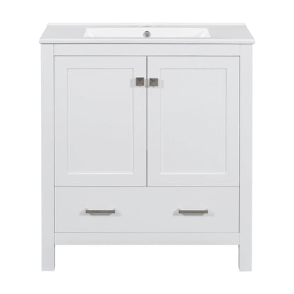 White bathroom vanity with undermount sink, two doors and a drawer, solid wood frame on Tampa Home & Garden Store
