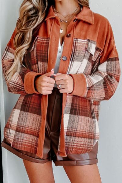 Stevvex plaid button-up long sleeve jacket burnt orange with cream-brown plaid panels on Tampa Home & Garden Store