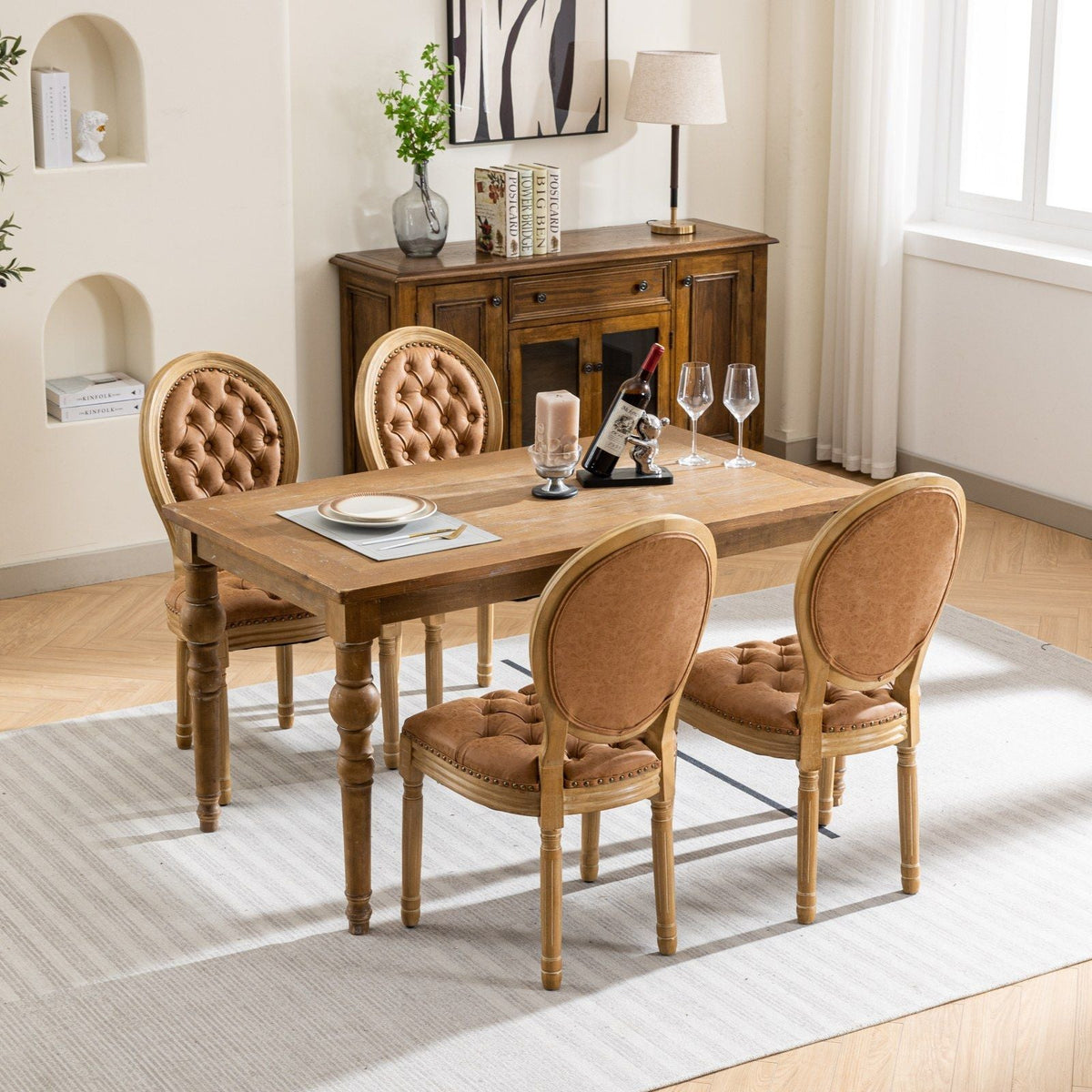 French Style solid wood dining chair with nailhead trim tan tufted upholstery set of 4 on Tampa Home & Garden Store