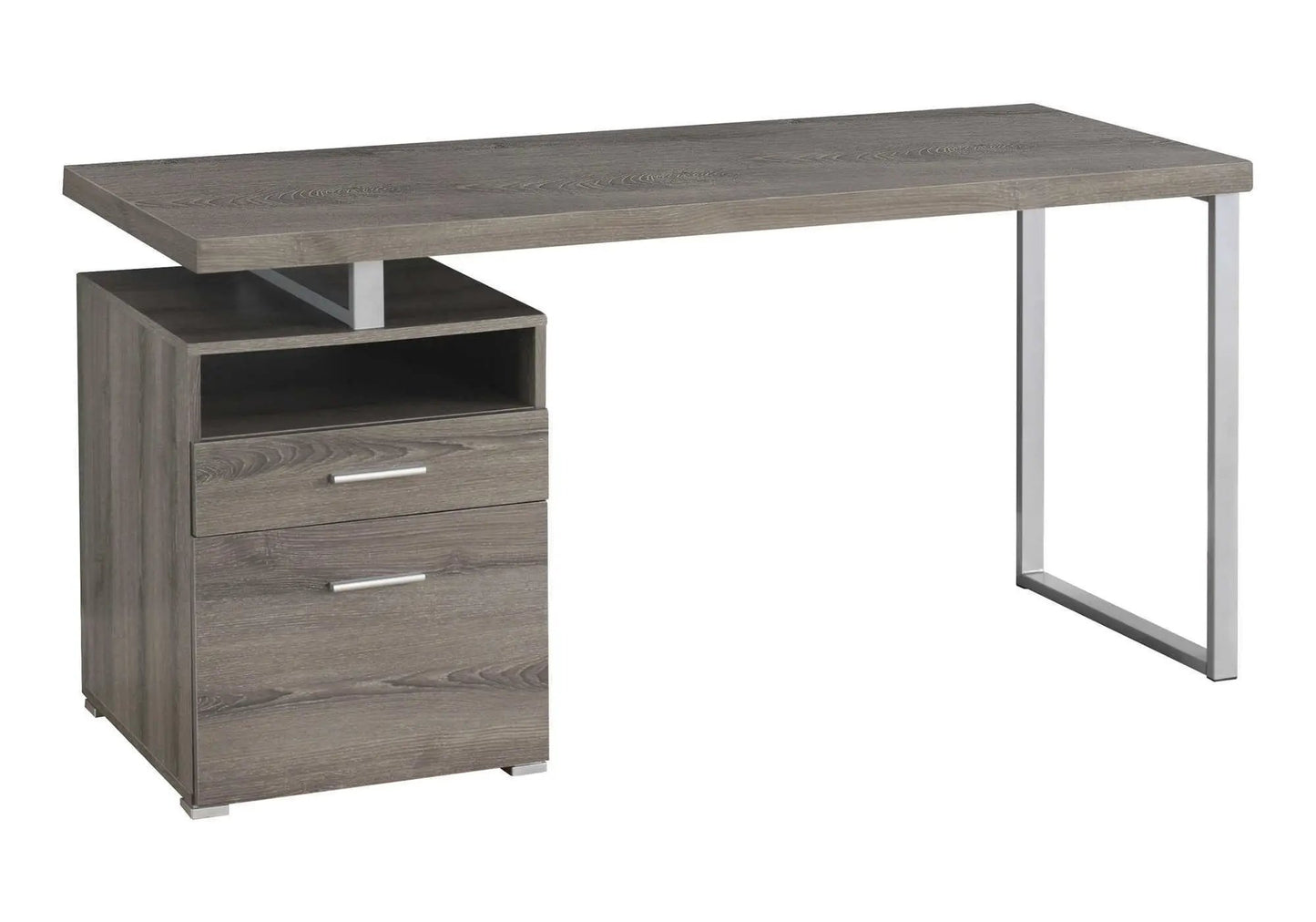Writing desk with left storage cabinet and drawers, gray wood finish, metal right frame on Tampa Home & Garden Store