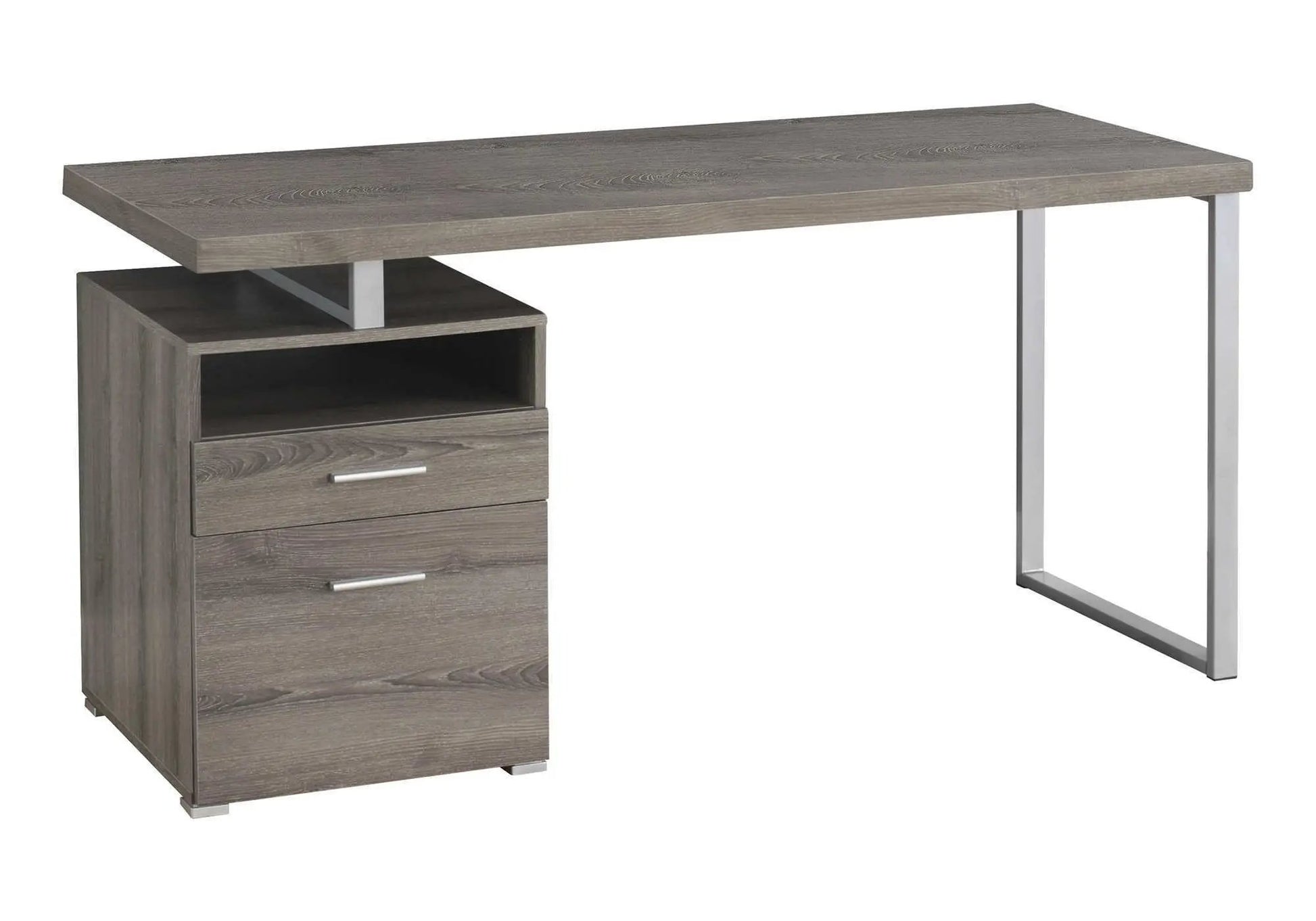 Writing desk with left storage cabinet and drawers, gray wood finish, metal right frame on Tampa Home & Garden Store