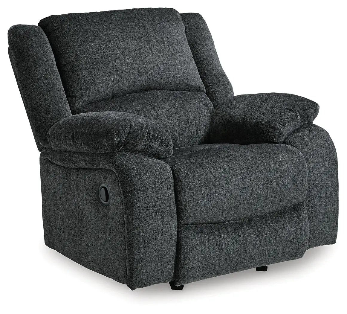 Draycoll Rocker Recliner in dark charcoal upholstery with plush cushions and side lever on Tampa Home & Garden Store