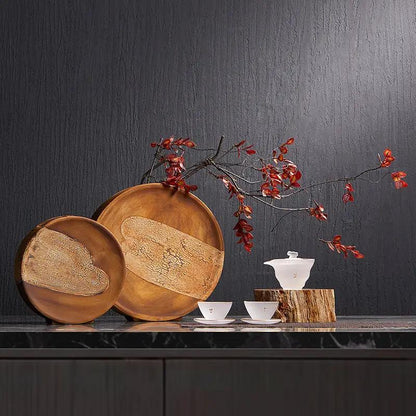 Wood grain ceramic flat vase with two circular plates and red-leaf branch for living room decor on Tampa Home & Garden Store