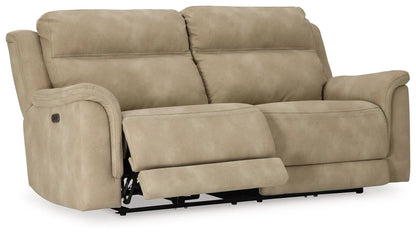 Next-Gen Durapella reclining power sofa in tan fabric with extended footrest on Tampa Home & Garden Store