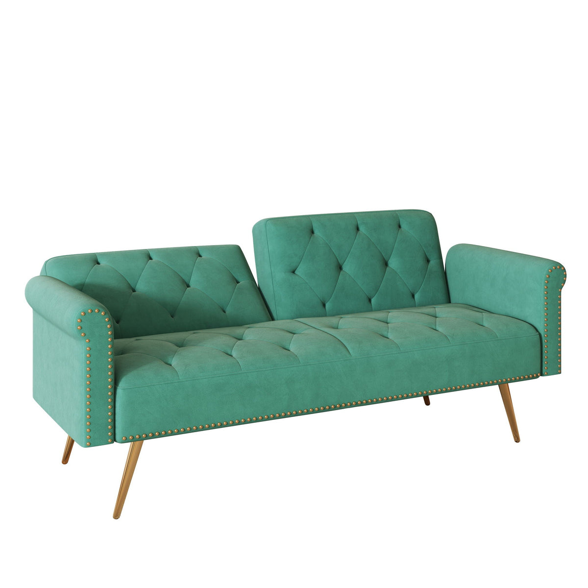 Teal velvet futon sofa bed with tufted cushions and nail head trim on Tampa Home & Garden Store
