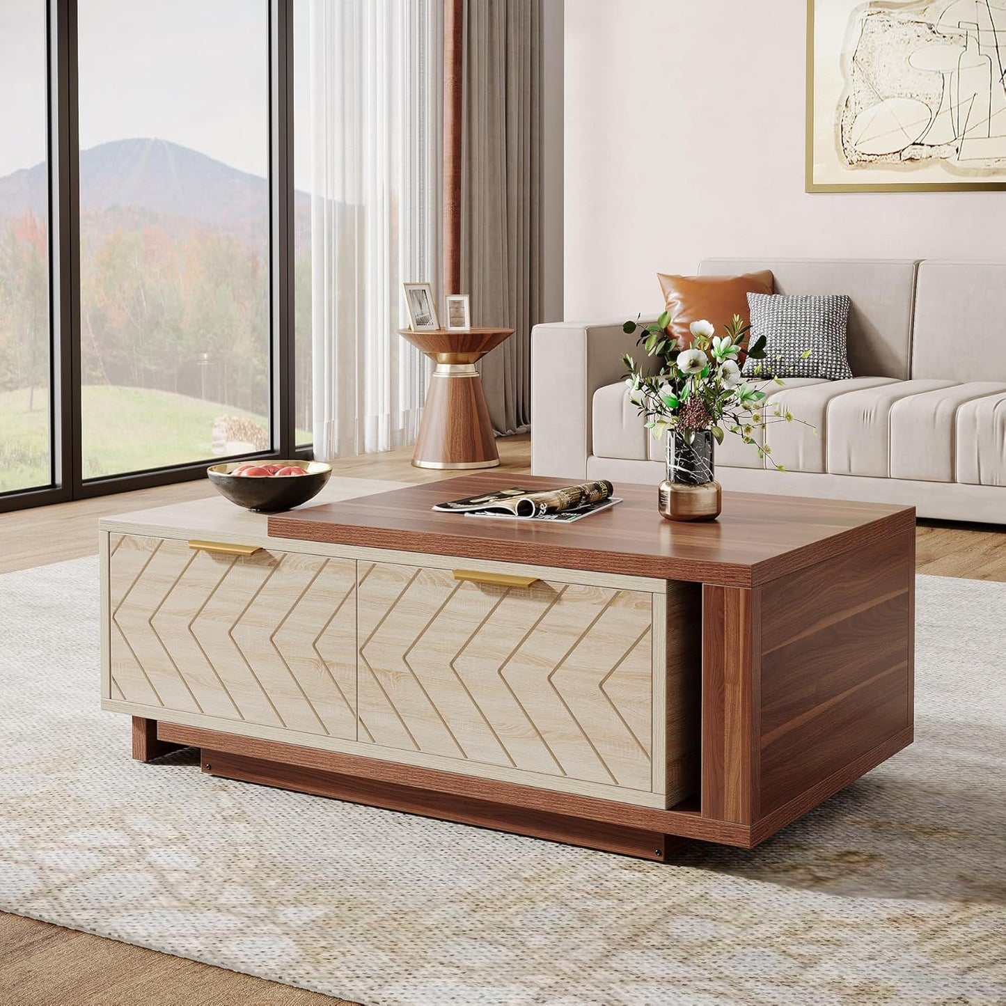 Extendable coffee table with 2 storage drawers in walnut dual-tone, sliding top, hidden storage on Tampa Home & Garden Store