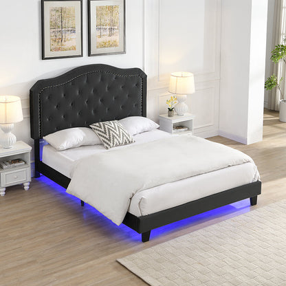 Queen upholstered bed curved button-tufted black headboard by HouseOfZazla with blue LED glow on Tampa Home & Garden Store