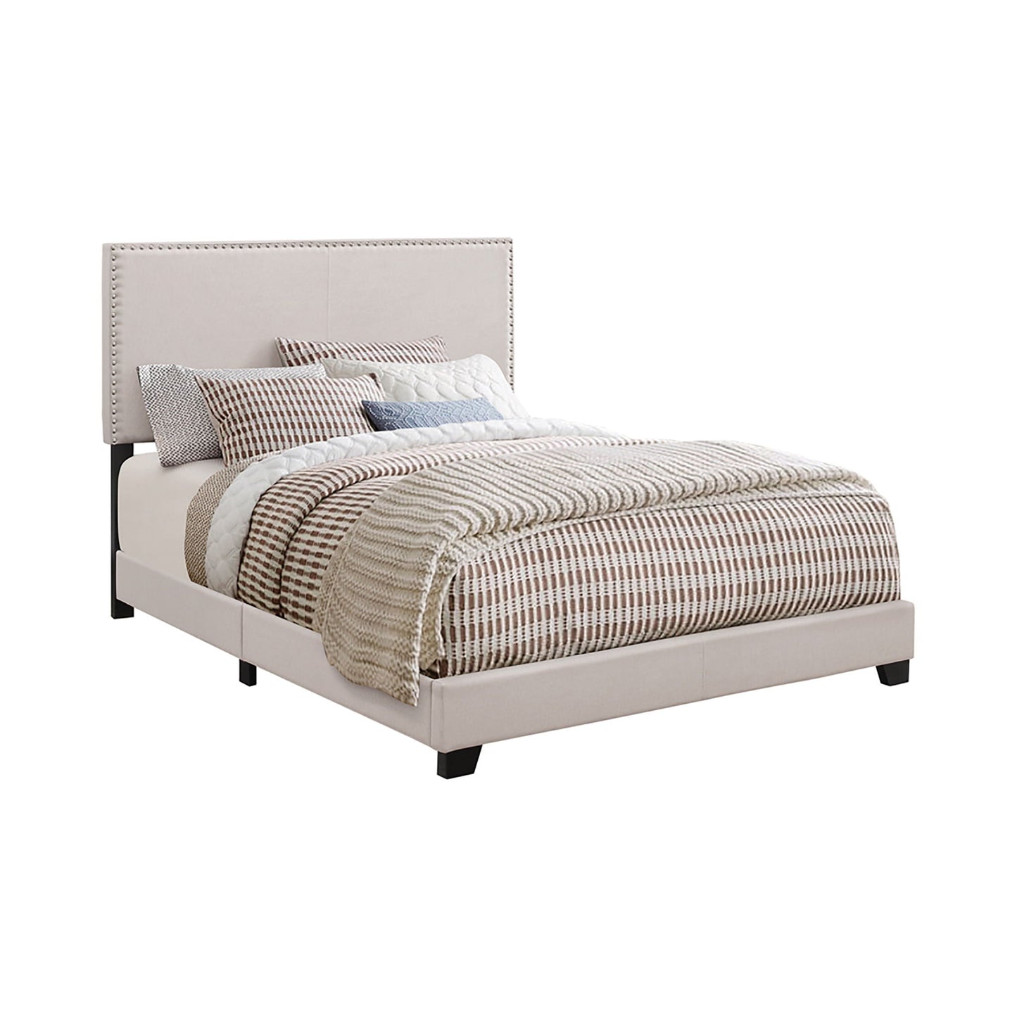 Ivory upholstered platform bed with nailhead trim and black legs on Tampa Home & Garden Store