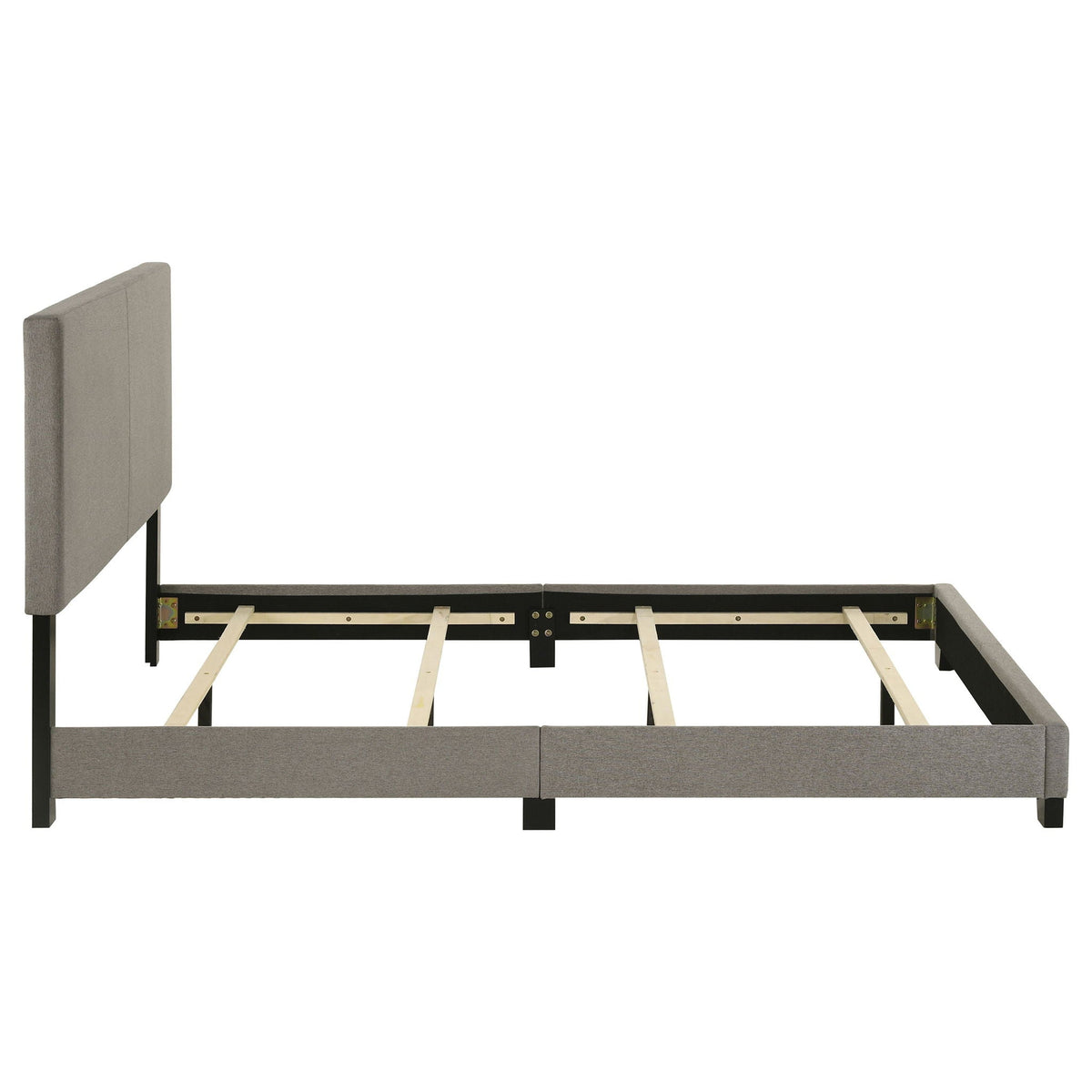 Efram Panel Bed upholstered in gray fabric by HouseOfZazla; platform bed with padded headboard on Tampa Home & Garden Store