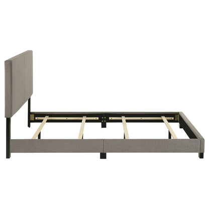 Efram Panel Bed upholstered in gray fabric by HouseOfZazla; platform bed with padded headboard on Tampa Home & Garden Store