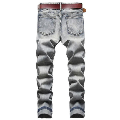 Men's FLIPSTYLEZLLC nostalgic jeans, faded blue denim with back pockets and brown belt on Tampa Home & Garden Store