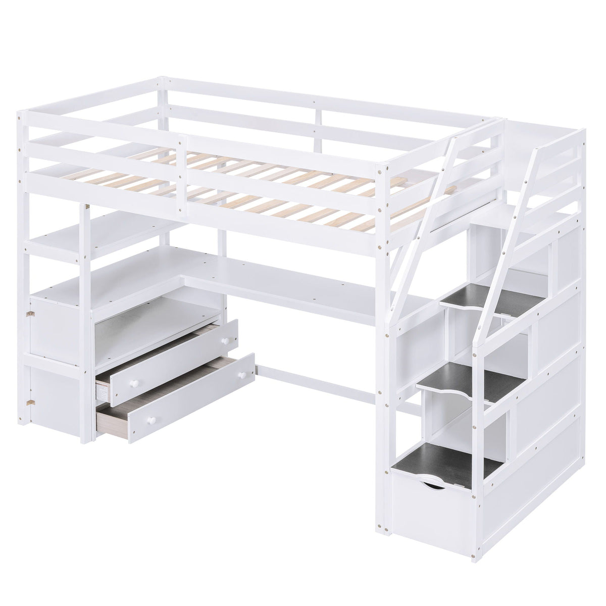 Loft Bed With Desk, Shelves, 2 Drawers, Storage Staircase in white by HouseOfZazla on Tampa Home & Garden Store