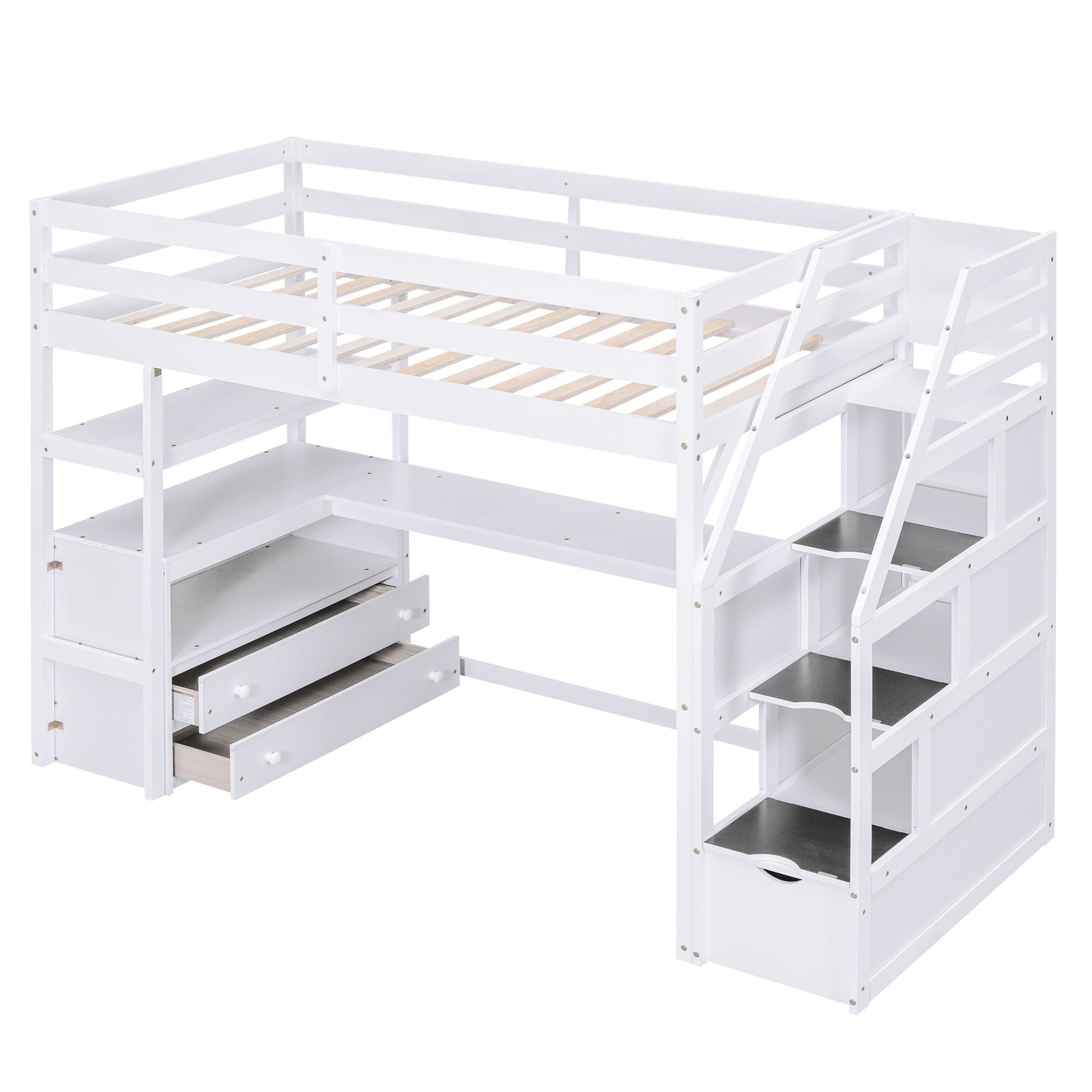 Loft Bed With Desk, Shelves, 2 Drawers, Storage Staircase in white by HouseOfZazla on Tampa Home & Garden Store