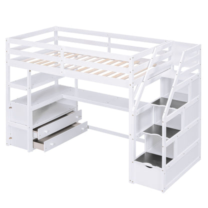 Loft Bed With Desk, Shelves, 2 Drawers, Storage Staircase in white by HouseOfZazla on Tampa Home & Garden Store