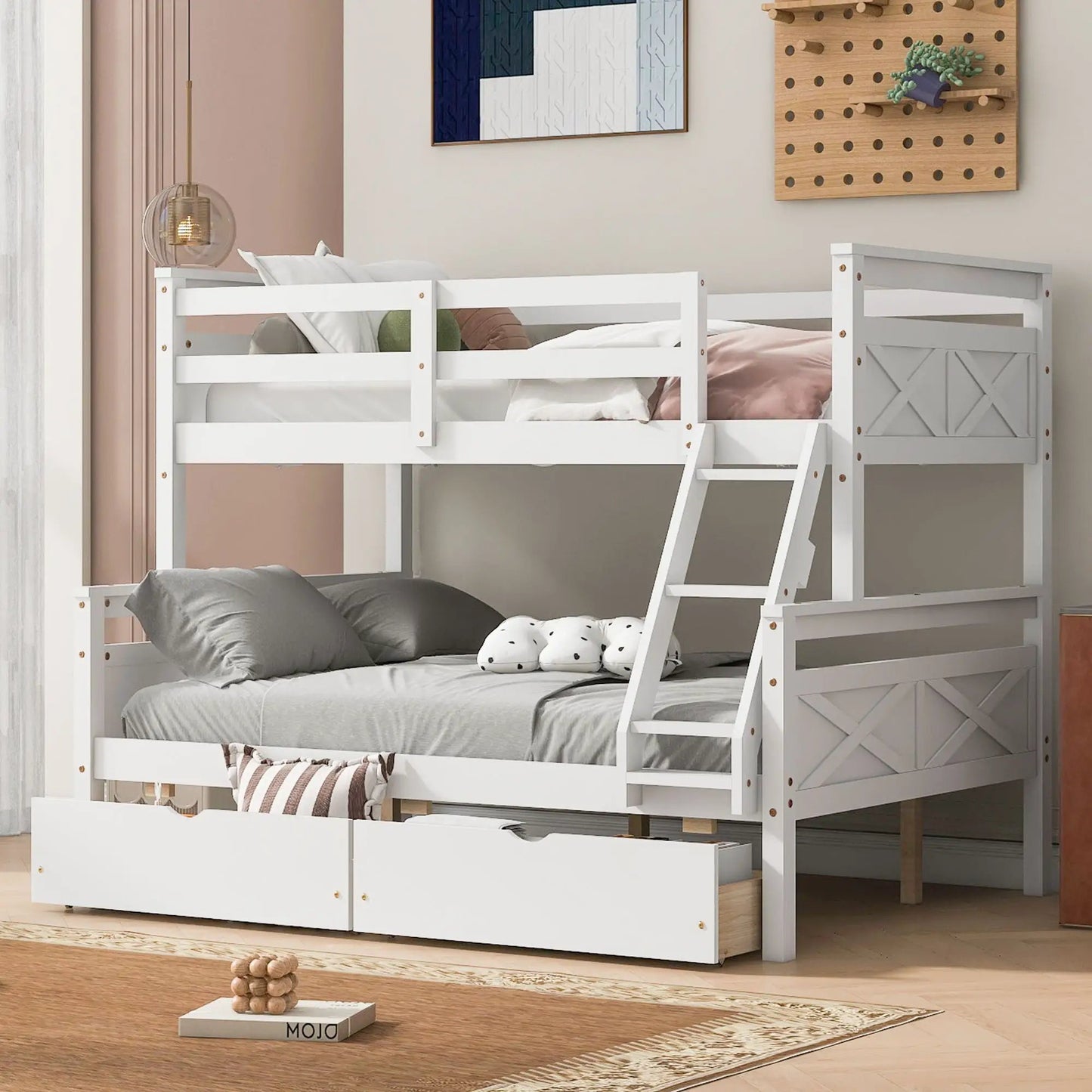 Bunk Bed with Ladder and Safety Guardrail, white wood frame by Unique Piece Furniture on Tampa Home & Garden Store