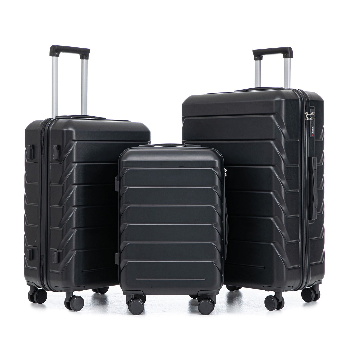 Three-piece black hard-shell spinner luggage set with 20/24/28 in sizes and combo locks on Tampa Home & Garden Store