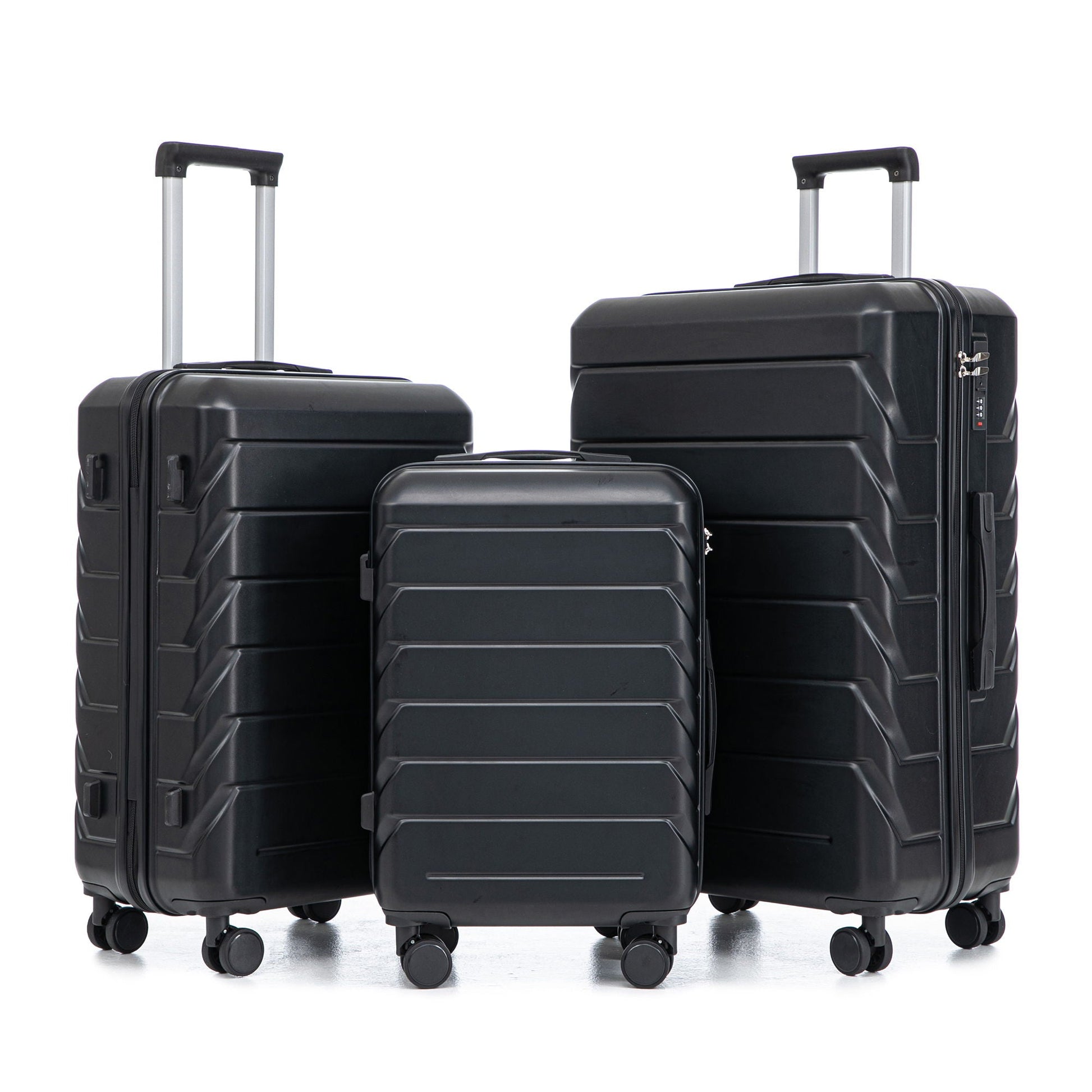 Three-piece black hard-shell spinner luggage set with 20/24/28 in sizes and combo locks on Tampa Home & Garden Store