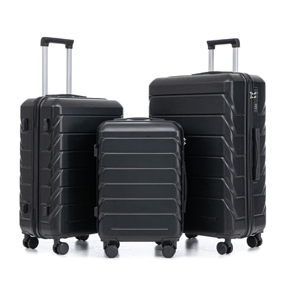 Three-piece black hard-shell spinner luggage set with 20/24/28 in sizes and combo locks on Tampa Home & Garden Store
