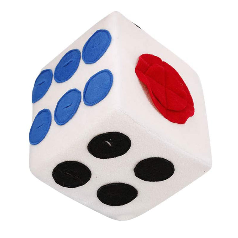 Dog puzzle dice toy with blue sniff holes, white cube, black dots and red patch by Sell My Stuff on Tampa Home & Garden Store