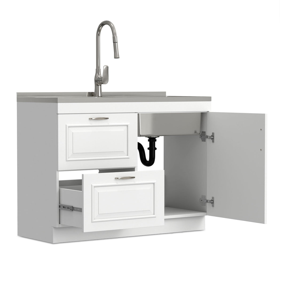 Darwin laundry utility sink cabinet with dual sinks, chrome gooseneck faucet, white vanity on Tampa Home & Garden Store