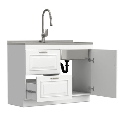 Darwin laundry utility sink cabinet with dual sinks, chrome gooseneck faucet, white vanity on Tampa Home & Garden Store