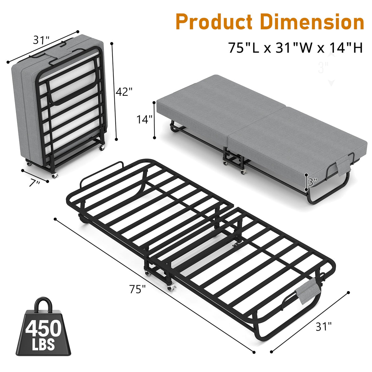 75in Folding Bed with Memory Foam Mattress HouseOfZazla gray mattress on black metal frame with wheels on Tampa Home & Garden Store