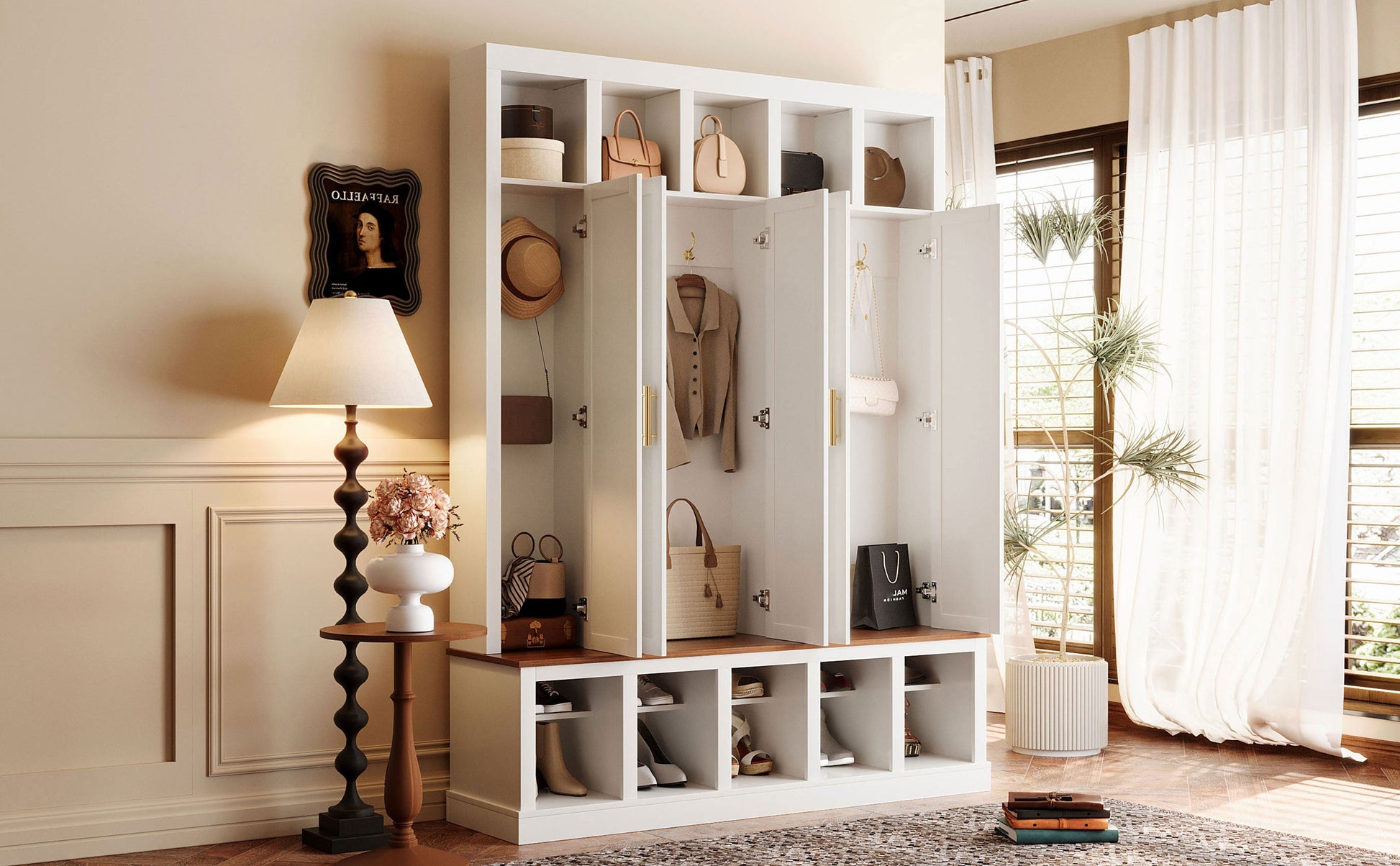 U-Can Farmhouse Entryway Storage Cabinet with Shoe Rack & Display Cubbies open cubbies on Tampa Home & Garden Store