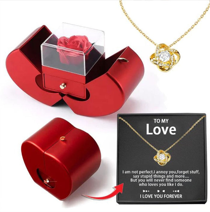 Red apple jewelry box with clear lid and red rose, gold necklace with crystal heart pendant on Tampa Home & Garden Store