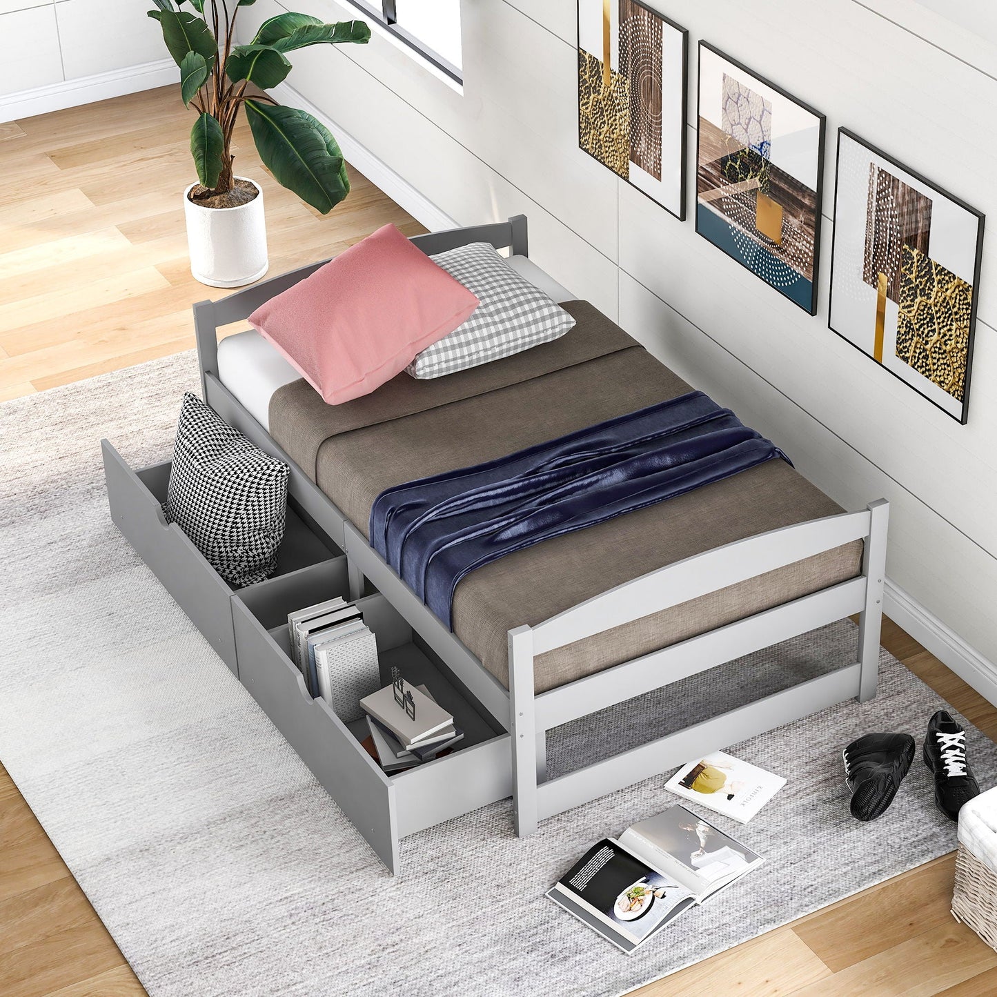 Platform bed with 2 gray storage drawers, open compartment with books by HouseOfZazla on Tampa Home & Garden Store