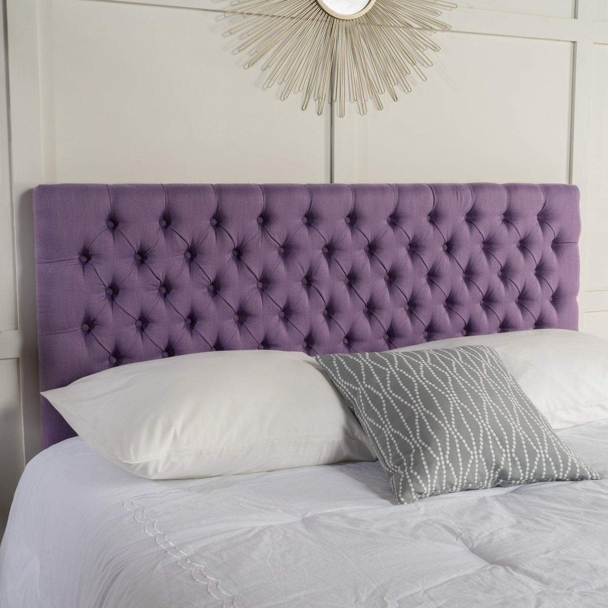 Tufted upholstered queen size headboard in light purple with button accents on Tampa Home & Garden Store