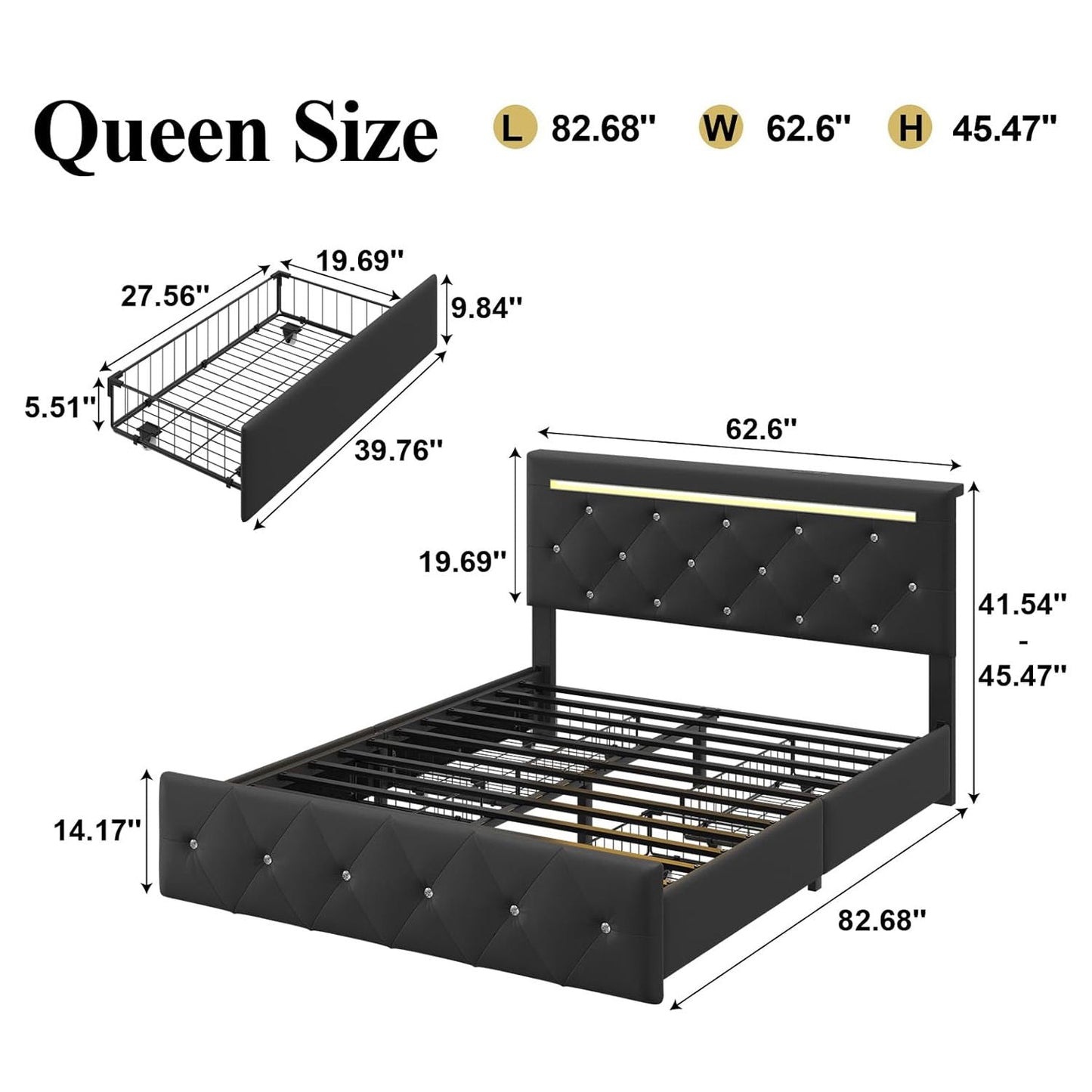 Upholstered Bed Frame with LED Lights Storage