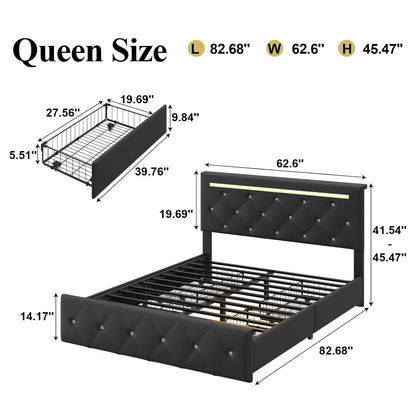 Upholstered Bed Frame with LED Lights Storage