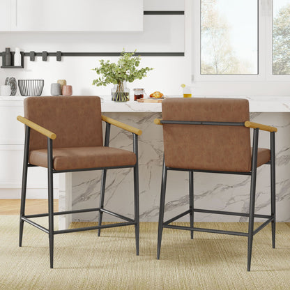 2-pack Mid Century Modern Counter Stools with iron frames, brown leather seats on Tampa Home & Garden Store