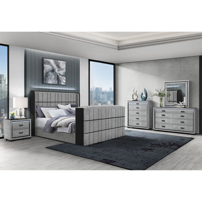 Isaiah bed by HouseOfZazla, gray tufted upholstered bed with nightstands on Tampa Home & Garden Store